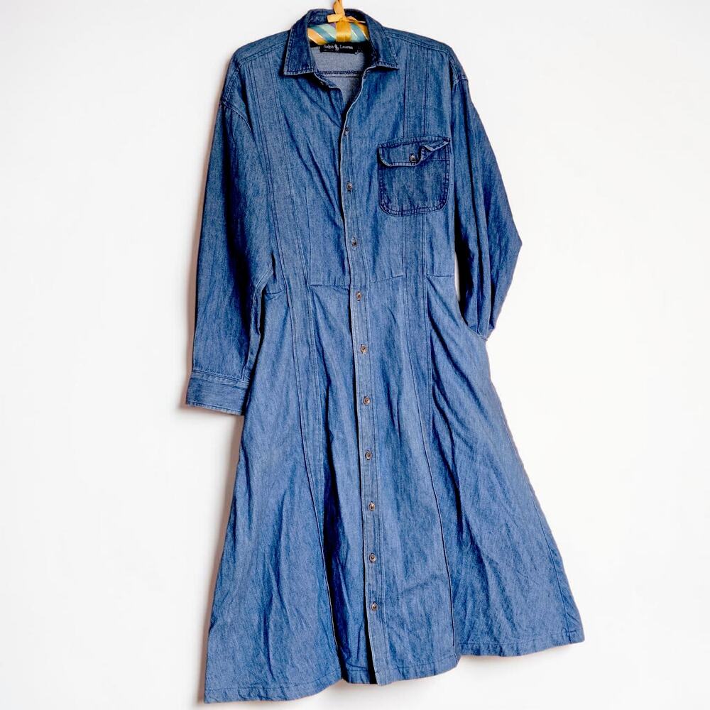 Vintage Ralph Lauren USA Denim Shirt Dress Size 12 Cotton Western Prairie Midi - Picture 5 of 10